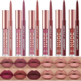 LANGMANNI- lápices labiales mate con 6 delineadores de labios, brillo labial nude duradero, taza antiadherente de larga duración, no se decolora, kit 