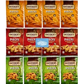 Snyder's of Hanover Pretzel Pieces, Variety 12 Pack bundled by SUPERDEALS 4 Cheddar Cheese, 4 Honey Mustard and Onion, 4 Jalapeno Pretzels, 2.25 oz each bag, total 27 Ounces with mystery gift in every order