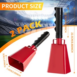 2 Pack 8 Inch Steel Cow Bell with Handles, Cheering Cowbells Noise Maker Large Steel Bell with Handles for Sports Events, Football Games, Concert, School Graduation,Party（Red)
