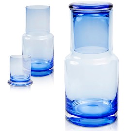 Bedside carafe and glass set, Ombre blue glass bedside carafe with glass that sits inside the carafe, drip free, modern design. 100% dishwasher safe.