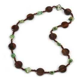 Avalaya Brown Wood Coin Shape Bead and Green Shell Nugget Necklace - 74cm L