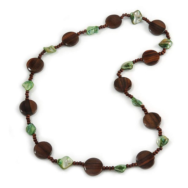 Avalaya Brown Wood Coin Shape Bead and Green Shell Nugget