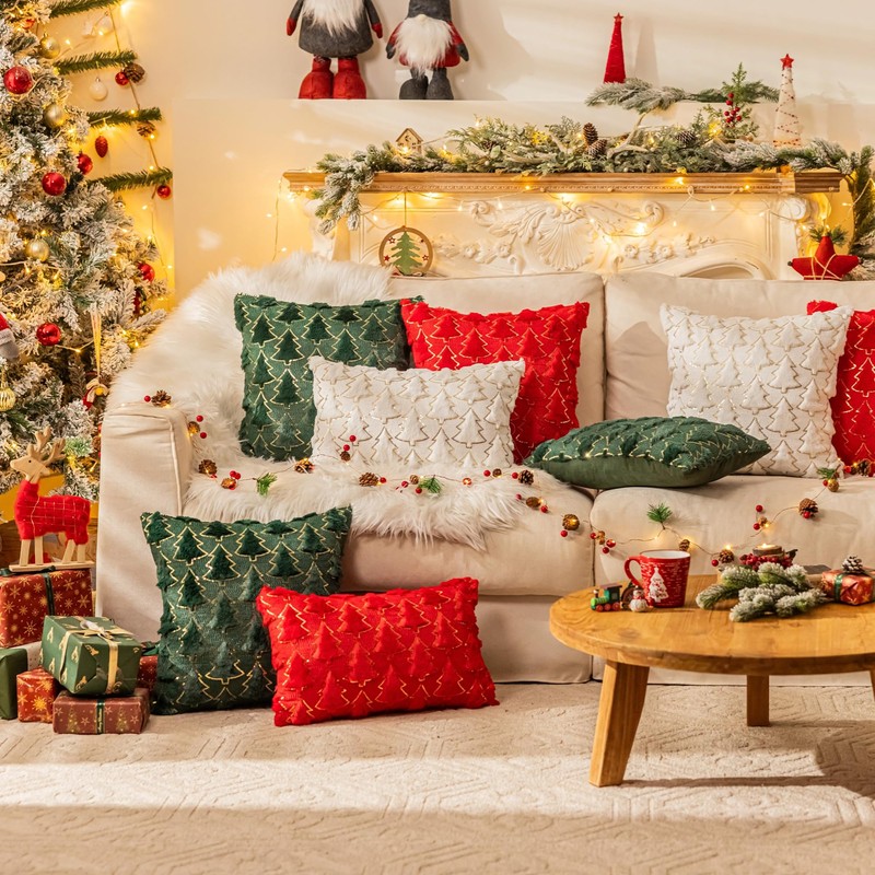 Christmas Tree White Throw Pillow Covers 12x20, Soft Faux Fur