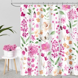 MAYZUS Pink Green Floral Shower Curtain, Cute Flower Fabric Shower Curtains for Bathroom, Watercolor Wildflower Butterfly Cloth Shower Curtain Set with Hooks, 72x72