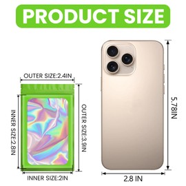 Funfery 100 pcs Green Mylar Holographic Bags Packaging Bags,Clear Sealing Zipper Bag Resealable Smell Proof,Foil Pouch Bag for Food Storage,Gloss,Lash Packaging for Small Business(2.4x3.9In)