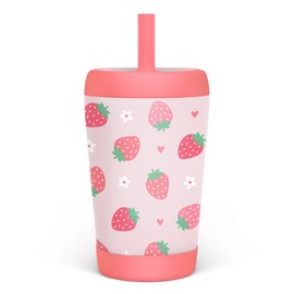 Kid Insulated Stainless Steel Tumbler with Silicone Straw, 12oz Sippy Cup for Kids (Strawberry)