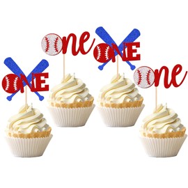 24 PCS Baseball 1st Birthday Cupcake Toppers Glitter First Birthday Baseball One Cupcake Picks Decorations for Baseball Sports Theme Baby Shower 1st Birthday Party Supplies Colorful