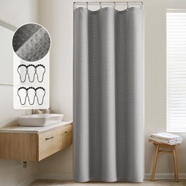 MIULEE Stall Waffle Weave Fabric Stand Up Shower Bath Curtain with 6 Metal Hooks Small Heavy Duty Washable Waterproof Narrow Thick Cloth Half Shower Curtains Set for Bathroom Hotel,W36*L72,Light Grey
