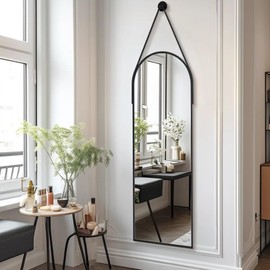 Dewfig 16"x48" Hanging Mirror with Leather Strap,Arched Full Length Mirror with Aluminum Frame Wall-Mounted Hanging Mirrors for Bathroom Vanity Living Room Bedroom Entryway Décor, Black