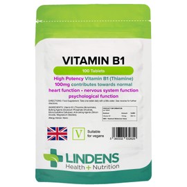 Lindens Vitamin B1 Thiamine Tablets - 100 Pack - for Heart, Immune and Psychological Function & Energy Release - UK Manufacturer, Letterbox Friendly