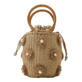 Summer Straw Bag for Women Pearl Flower Bucket Tote Bag Diamond Handbag Hand Woven Rattan Shell Purse Drawstring