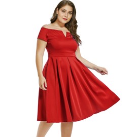 LALAGEN Women's Plus Size Vintage 1950s Party Cocktail Wedding Swing Midi Dress Red XL