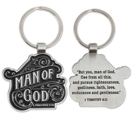 Christian Art Gifts Inspirational Scripture Metal Keychain for Men, Dads, Students, Grads: Man of God Encouraging Bible Verse, Stylish Stamped Keyring Accessory, Car Keys, Lanyards, Silver & Black