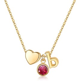 Ursilver Initial Birthstone Necklace for Women, 14K Gold PlatedHeart Initial B Necklace Ruby Birthstone Necklace Heart Initial Birthstone July Birthstone Jewelry Necklaces for Women