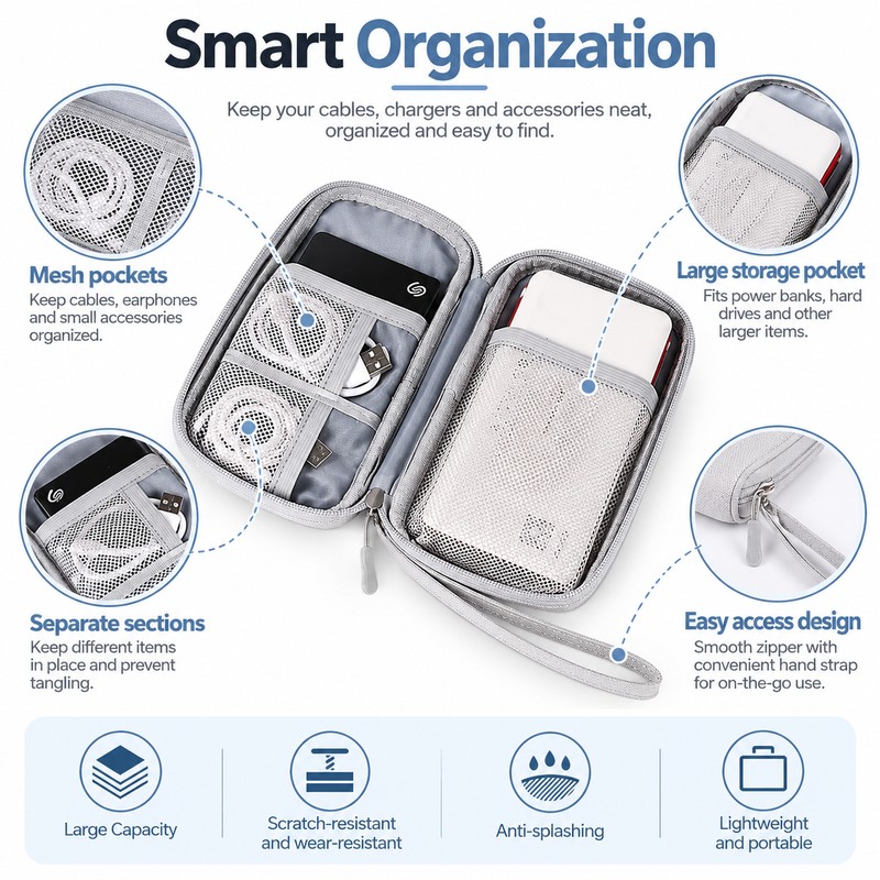 Travel Cable Organizer Bag for Electronics – Water-Resistant Oxford Storage