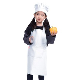 ALIPOBO Kids Apron and Chef Hat Set, Children's Adjustable Bib Apron with 2 Pockets. Cute Boys Girls Kitchen Apron for Cooking, Baking, Painting, Training Wear (2-5 Year, White)