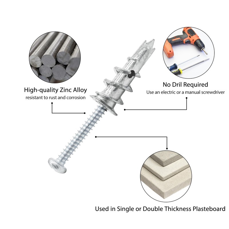 JINTANG Plasterboard Dowels, 40 Pieces, Self-Drilling Plasterboard Dowel Metal with