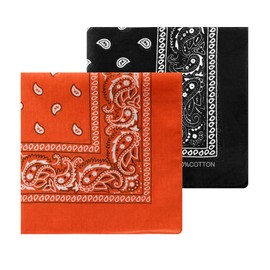 2 Pcs Bandana Black Orange, 100% Cotton Paisley Bandana Bandanas For Men Women, Large Cowboy Bandana Headband Handkerchief,Vintage Square Head Scarf