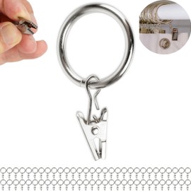 Curtain Clips with Rings, Pack of 60, in Silver Colours, Diameter 25 mm Inside, Curtain Rings for up to Diameter 24 mm Thick Curtain Rods, Curtain Rings Clip Hooks, Curtain Rings
