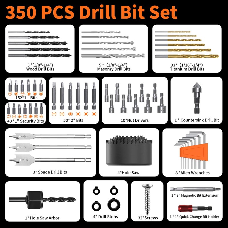350Pcs Drill Bit Set for Home Repair & Furniture Assembly,