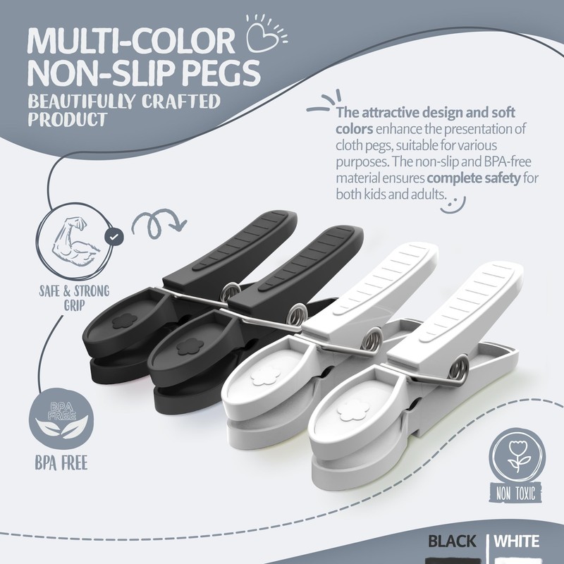 PORTENTUM Clothes Pegs with Non-Slip Rubber, Pack of 48, Black