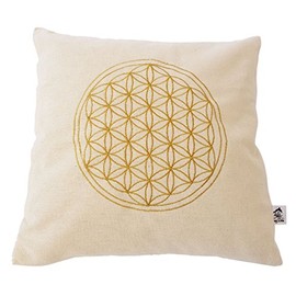 Swiss pine cushion embroidered with the flower of life size 40 x 40 cm filled with pine flakes made from 100% Alpine pine wood in extra ticking