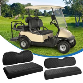 Golf Cart Seat Covers Kit Front and Back Seat Covers Fit for Club Car Precedent Standard Seat Cushion,Vinyl Leather Club Car Seat Cover Adjustable Straps Buckle, No Stapler Needed（Diamond Black）
