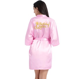 EKVHDO Womens Birthday Queen Squad Robe Spa Robes Party Supplies for Women Silk Kimono Robe with Gold Glitter