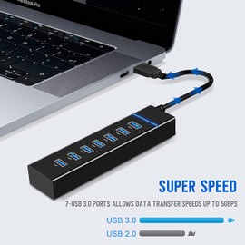 7-Port USB 3.0 Hub - High-Speed with LED Indicator - Compatible with iMac Pro, MacBook Air, Mac Mini/Pro, Surface Pro, PC and Laptop - Portable and Efficient