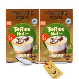 Instant Coffee Sachets Bundle Includes: 2x Mokate Gold Premium Toffee Nut Latte Sachets (8 mokate coffee sachets each) Bundled with 1x Stainless Coffee Spoon (Tea Spoon) by Donny & Dev