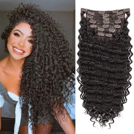 MEEPO Dark Brown Curly Clip In Hair Extension For Black Women Natural Thick Deep Wave Hair Extension Clips Synthetic Long 24 inch hair extensions clip in Hairpiece (2#(Pack of 7))