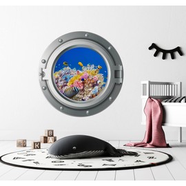 Niwo ART - Coral A, Sea Porthole Under Water Submarine 3D Decal, Peel and Stick Self-Adhesive Wall Sticker (16 inches)