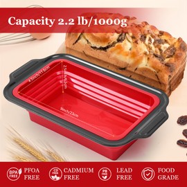 Keejoy 9 Inch Silicone Bread Loaf Pan with Metal Reinforced Frame, Nonstick Silicone Baking Mold for Homemade Bread, Brownies, Long loaf of bread Cheesecakes and Meatloaf, Red