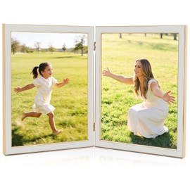 ACHAVINM 8x10 Double Picture Frame with White Enamel Finish, Gold Edge Metal Hinged Photo Frames, Real Glass Front Velvet Back, Display for Wall and Tabletop, Ideal for Wedding Couple Family Photos