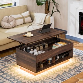 HOMMPA Lift Top Coffee Table with Hidden Storage LED Coffee Table Dark Walnut Living Room 3 Tiers Tea Table with Storage Center Tables Hidden Compartment & 2 Open Shelves