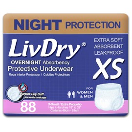 LivDry Ropa interior para incontinencia XS para adultos, absorción de comodidad durante la noche, protección contra fugas, talla XS, paquete de 88 unidades