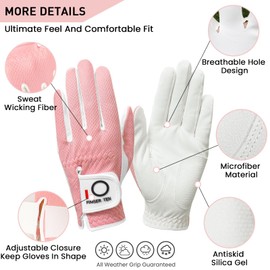 Golf Gloves Women Left Hand Right Handed Microfiber All Weather Grip Rain Hot Wet Value 3 Pack, Ladies Golf Gloves Soft Flexible Durable Wear Resistance Good Grip (Pink, Small,Worn on Left Hand)