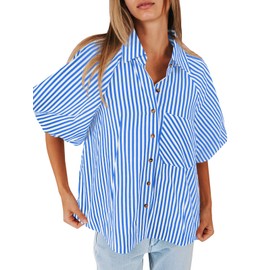 Tankaneo Womens Short Puff Sleeve Button Down Shirts Striped Trendy Casual Loose Fit Blouse V Neck Collared Tops Blue