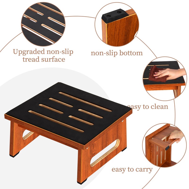 One Step Stool for Bed, Wooden Step Stool with Non-Slip