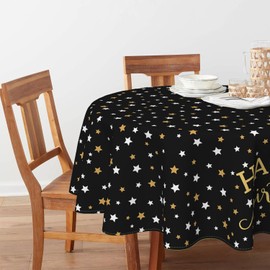 Horaldaily Black Happy Birthday Tablecloth 70×70 Inch Round, Gold Star Printed Black Table Cover for Birthday Decoration, Birthday Party Supplies