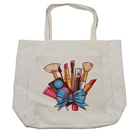 Lunarable Makeup Shopping Bag, Bunch of Cosmetic Products Tied with Blue Ribbon Lipstick Mascara Powder Pattern, Eco-Friendly Reusable Bag for Groceries Beach and More, 15.5" X 14.5", Cream