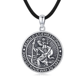 CHENGHONG St Christopher Necklace for Men Women 925 Sterling Silver Necklaces Saint Christopher Medal Amulet Pendant Protect Us Gifts for Women Catholic Medallions Jewellery 18"+2" Chain Leather Rope