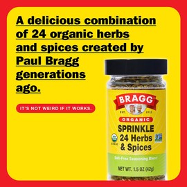 Bragg Organic Sprinkle Seasoning with 24 Herbs and Spices - 1.5 oz - Salt-Free Seasoning Blend - Perfect for Vegetables, Meats, and Salads