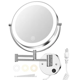Gospire 9” Wall Mounted Lighted Magnifying Mirror, 1X/10X Magnification Double-Sided LED Bathroom Mirror, 3 Color Lights & Stepless Dimming with Touch Sensor, Extendable Arm 360° Swivel for Shaving