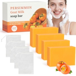 AOOWU Kaki Soap, Pack of 4 Presimmon Soap Natural with 4 Mesh Bags, Persimmon Core Soap for Removing Body Odour, Kaki Soap Moisturising, Brightening Bath Soap Deep Cleansing for Face and Body