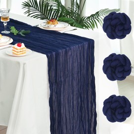 Fixwal 3 Pack Navy Blue Cheesecloth Table Runners, Pleated Boho Gauze Table Runner, Long Semi-Transparent Table Decorations for Parties, Showers, Birthdays and Weddings(35x120 Inch)