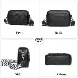 FAYBA Woven Crossbody Bag for Women, Wide Strap Genuine Leather Shoulder Bag, Small Handbag Satchel Bag with Guitar Strap, Black