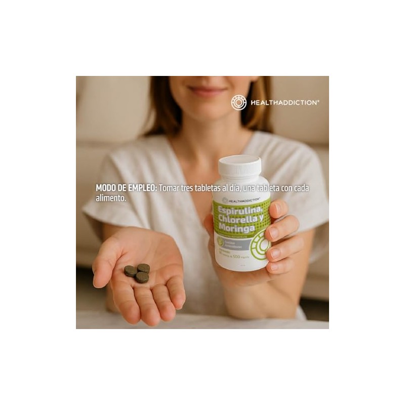 HEALTHADDICTION - Complejo de Espirulina, Chlorella y Moringa, Suplemento Alimenticio