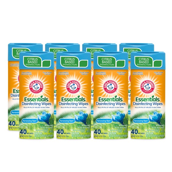 Arm & Hammer Essentials Disinfecting Wipes, Renewing Rain Scent, 40 Count, 8 Pack