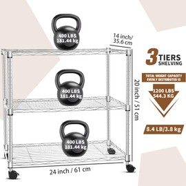 Whitmor 3 Tier Storage Shelving, Heavy Duty with Wheels, Adjustable Steel Organizer, 400 lbs Capacity per Shelf, Max 1200 lbs Total for Garage, Kitchen, Bathroom, 24" L x 14" W x 20" H, Chrome